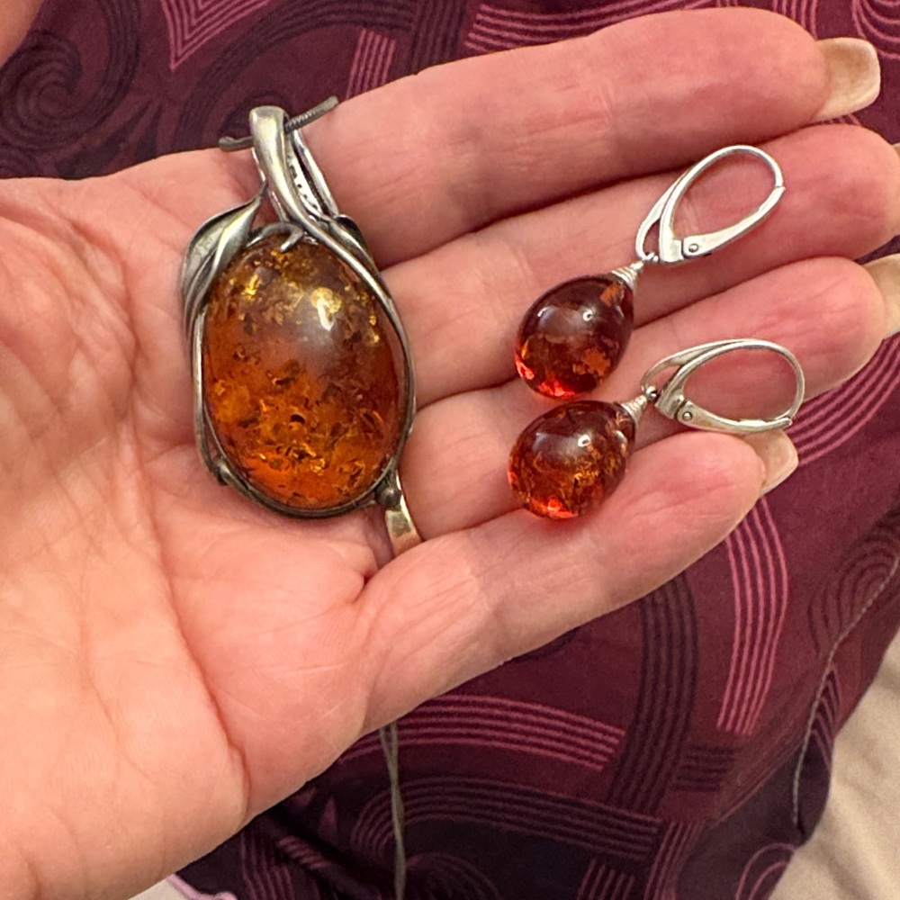 Amber and Silver Necklace and Earring Set